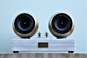speaker bluetooth wireless concrete brass copper driver vacuum valve tube wood blue design audiophile stereo wire portable custom hand made crafted