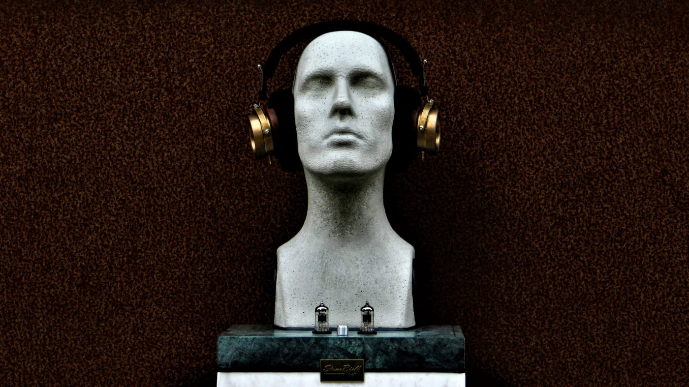 speaker concrete sculpture art headphones marble vaccum tube valve knob head hand crafted made custom design interior leather wood brass 